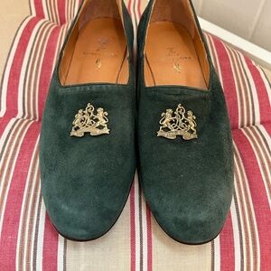 Ralph Lauren Forest Green Suede Loafers with Gold emblem